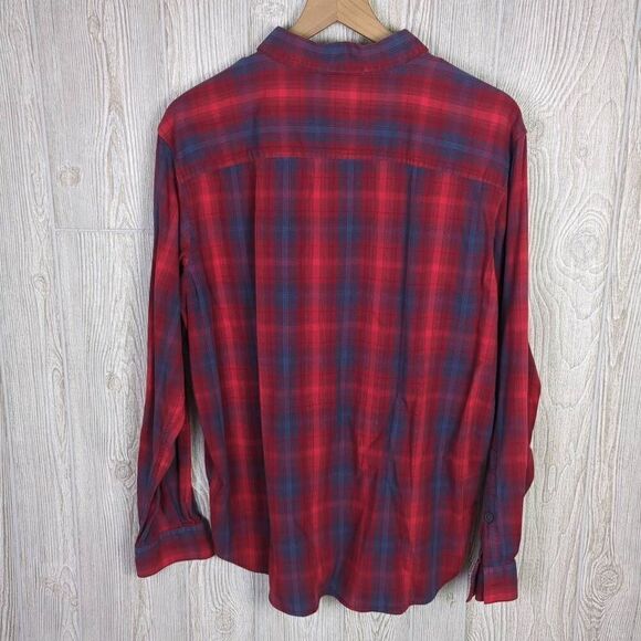 Columbia Mens Large Button Down Flannel Shirt Red Blue Plaid Long Sleeve Pocket - Picture 2 of 5